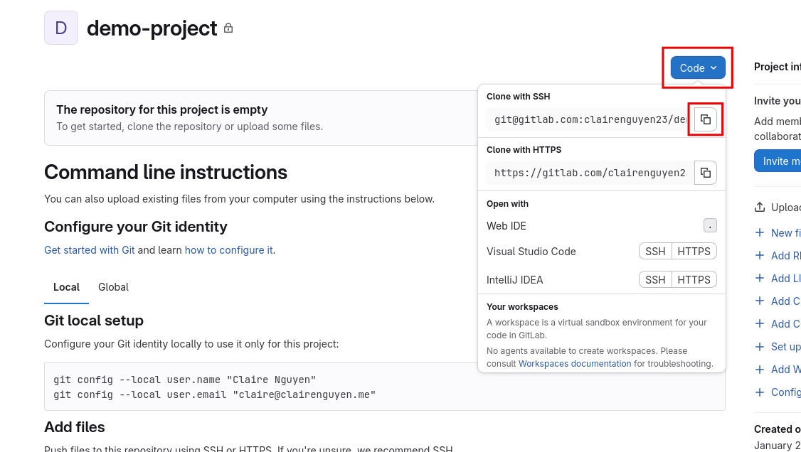 GitLab SSH URL, copy button